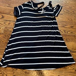Black and white stripe tee shirt dress with cut out sleeve and neck